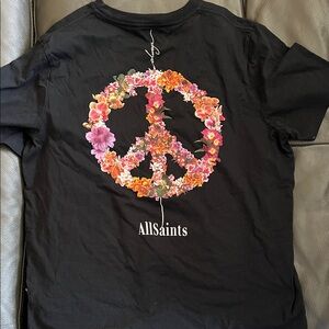All Saints Black Tee with Floral Peace Design
